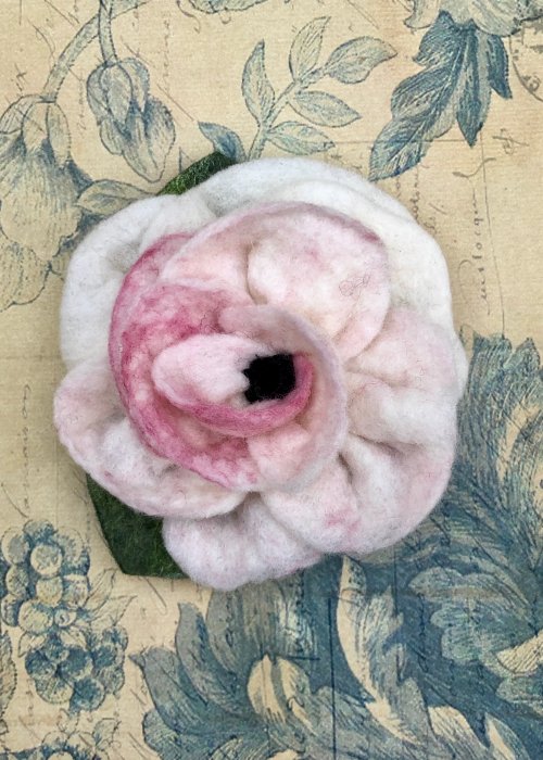 Agnes Foss - Felted Rose Brooch -  Dusty Pink and White